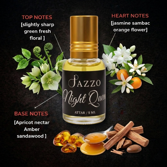 Jazzo Night Queen Attar | Pure Jasmine Sambac & Sandalwood Perfume Oil for Women & Men | Alcohol-Free Long Lasting Luxury Fragrance – 5ml (NO-015ML)