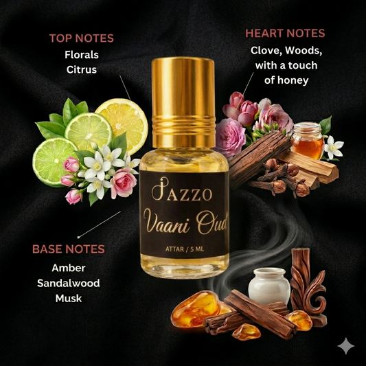 Jazzo Vaani Oud Natural Attar for Women & Men | Luxury Clove, Amber & Sandalwood Perfume Oil | Alcohol-Free Long Lasting Fragrance – 5ml (VO-015ML)