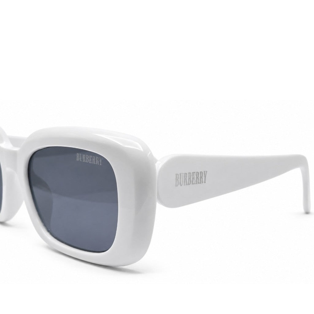 Burberry 3783 Luxury Bold Square Sunglasses – Glossy White Acetate with Silver Burberry Temple Branding & Dark Blue UV Protection Lenses