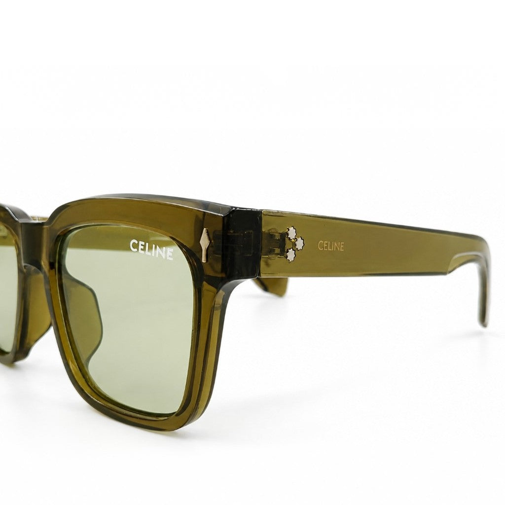 Celine 3831 Luxury Bold Square Sunglasses – Transparent Olive Green Acetate with Gold Celine Temple Branding & Light Green UV Protection Lenses