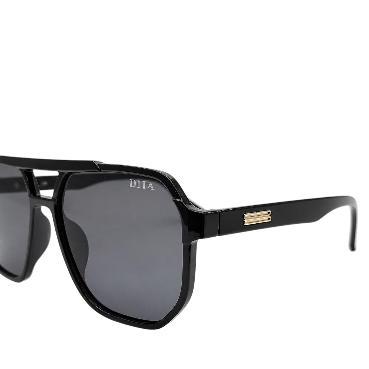DITA 22058 Luxury Bold Aviator Sunglasses – Glossy Black Acetate with Gold DITA Temple Detail & Dark Grey UV Protection Lenses