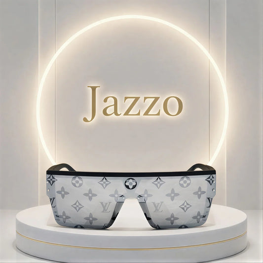 Jazzo luxury shield sunglasses with Louis Vuitton monogram lenses and black frame, presented on a round pedestal, high-end fashion eyewear.