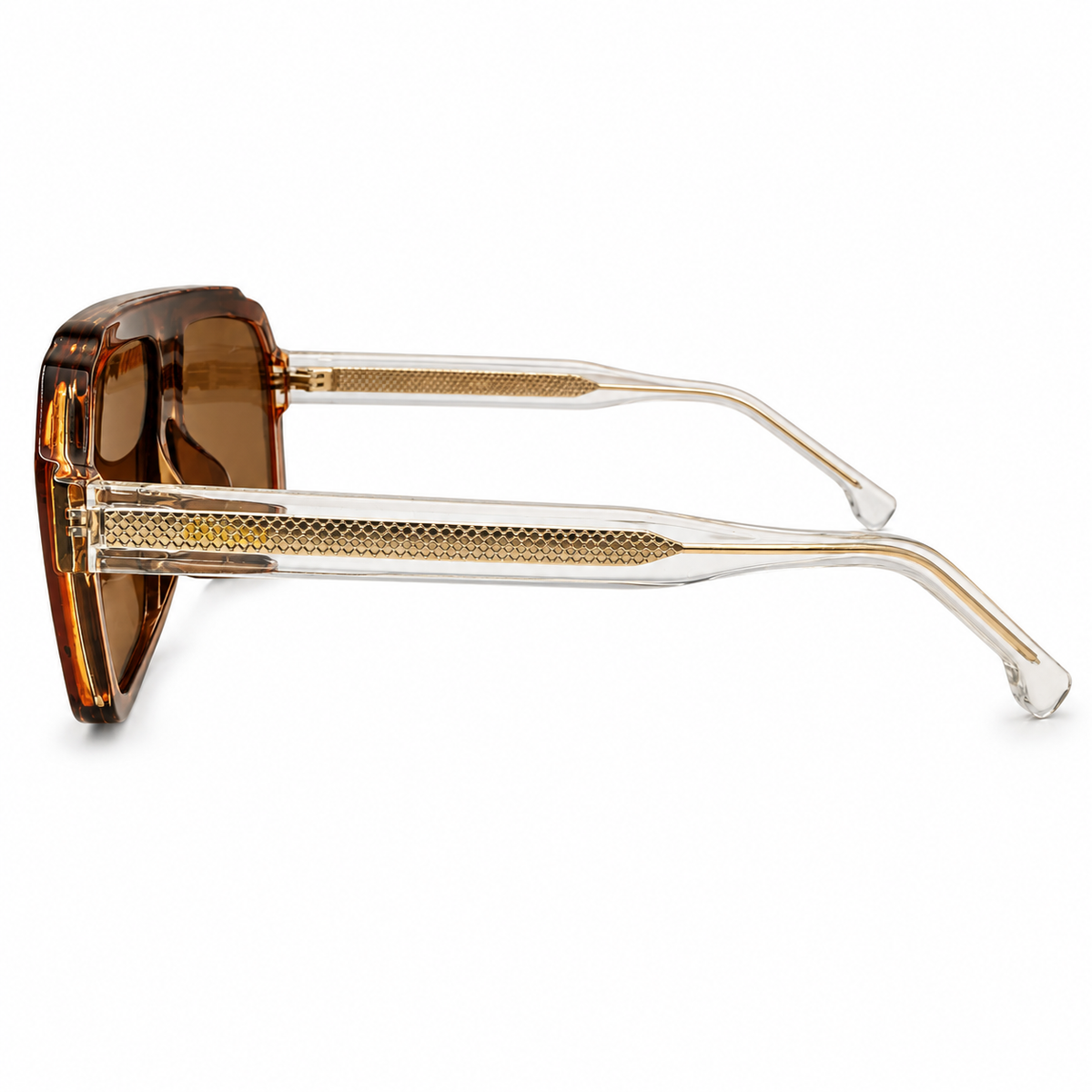 Gucci 28015 Luxury Oversized Rectangle Sunglasses for Men - Glossy Amber Tortoise Acetate Frame, Clear Gold Textured Temples & Brown Lenses