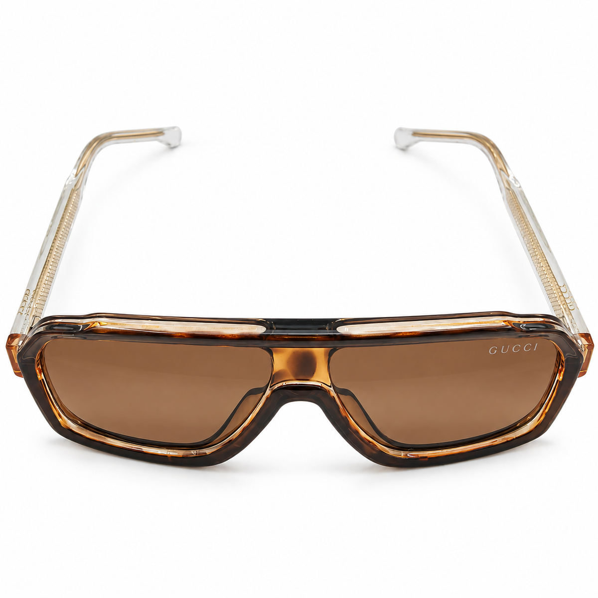 Gucci 28015 Luxury Oversized Rectangle Sunglasses for Men - Glossy Amber Tortoise Acetate Frame, Clear Gold Textured Temples & Brown Lenses