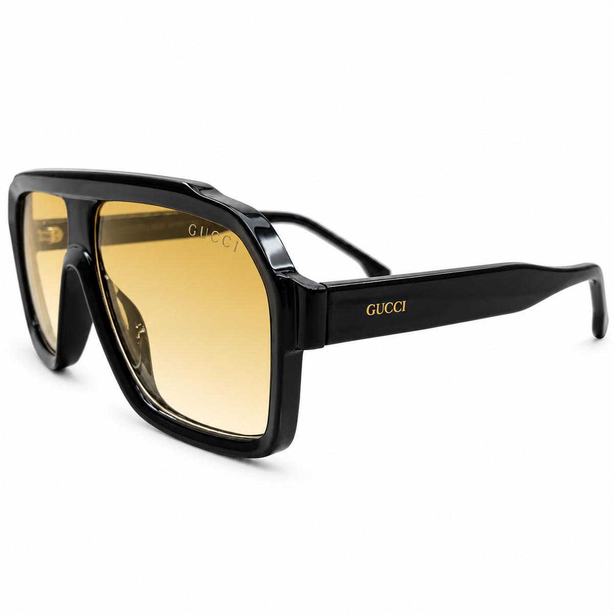 Gucci 28015 Luxury Oversized Rectangle Sunglasses for Men - Glossy Black Acetate Frame, Gold GUCCI Temple Logo & Yellow Amber Gradient Lenses
