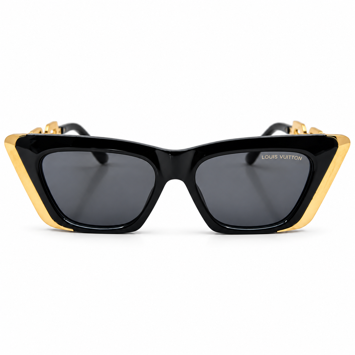 Louis Vuitton 98012 Luxury Cat Eye Sunglasses for Women - Glossy Black Metal Frame, Gold Chain-Link Temples, Gold Corner Trim & Dark Grey Lenses