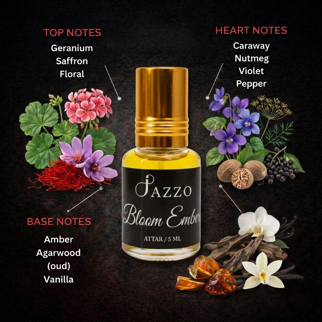 Jazzo Bloom Ember Natural Attar for Women & Men Luxury Saffron, Oud & Vanilla Perfume Oil | Alcohol-Free Long Lasting Fragrance – 5ml (BE-015ML)