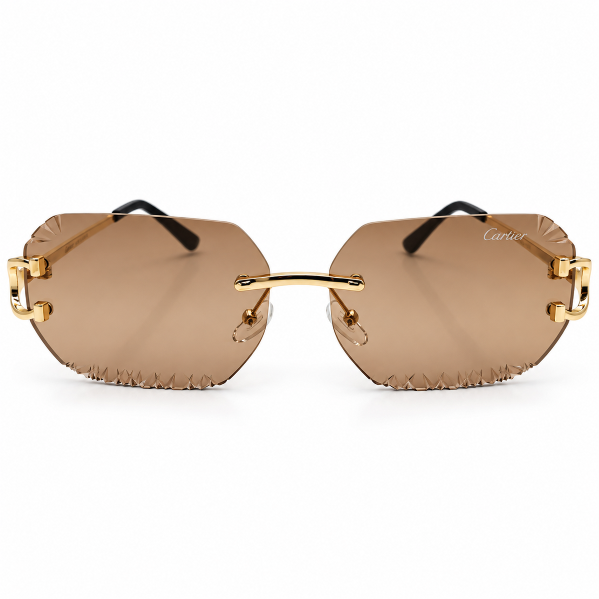 Cartier 5G34 Luxury Rimless Sunglasses for Men - Gold-Tone Metal Frame, Serrated Diamond-Cut Brown Lenses & Black Temple Tips
