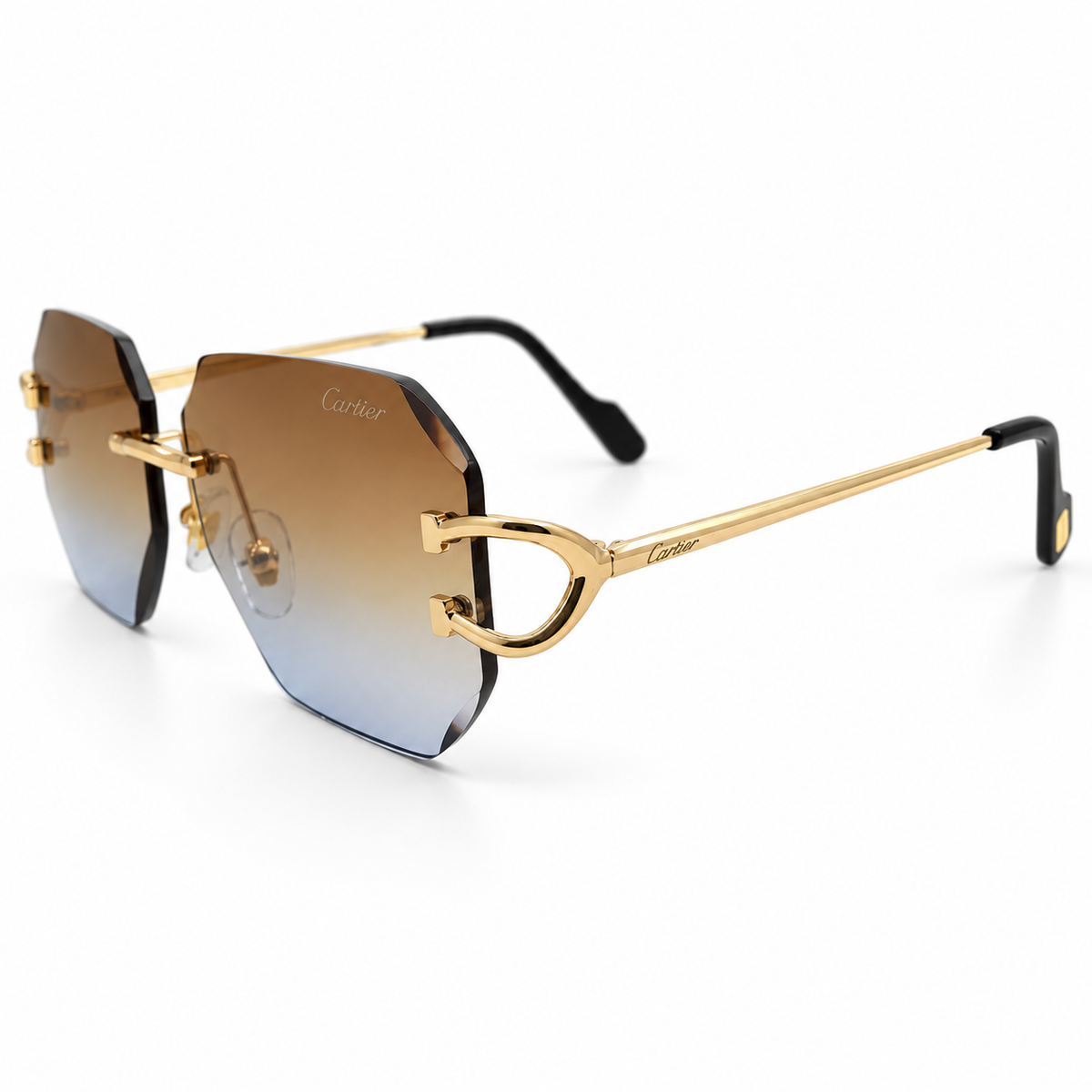 Cartier 5G34 Luxury Rimless Octagon Sunglasses for Men - Gold-Tone Metal Frame, Diamond-Cut Brown Blue Gradient Lenses & Black Temple Tips