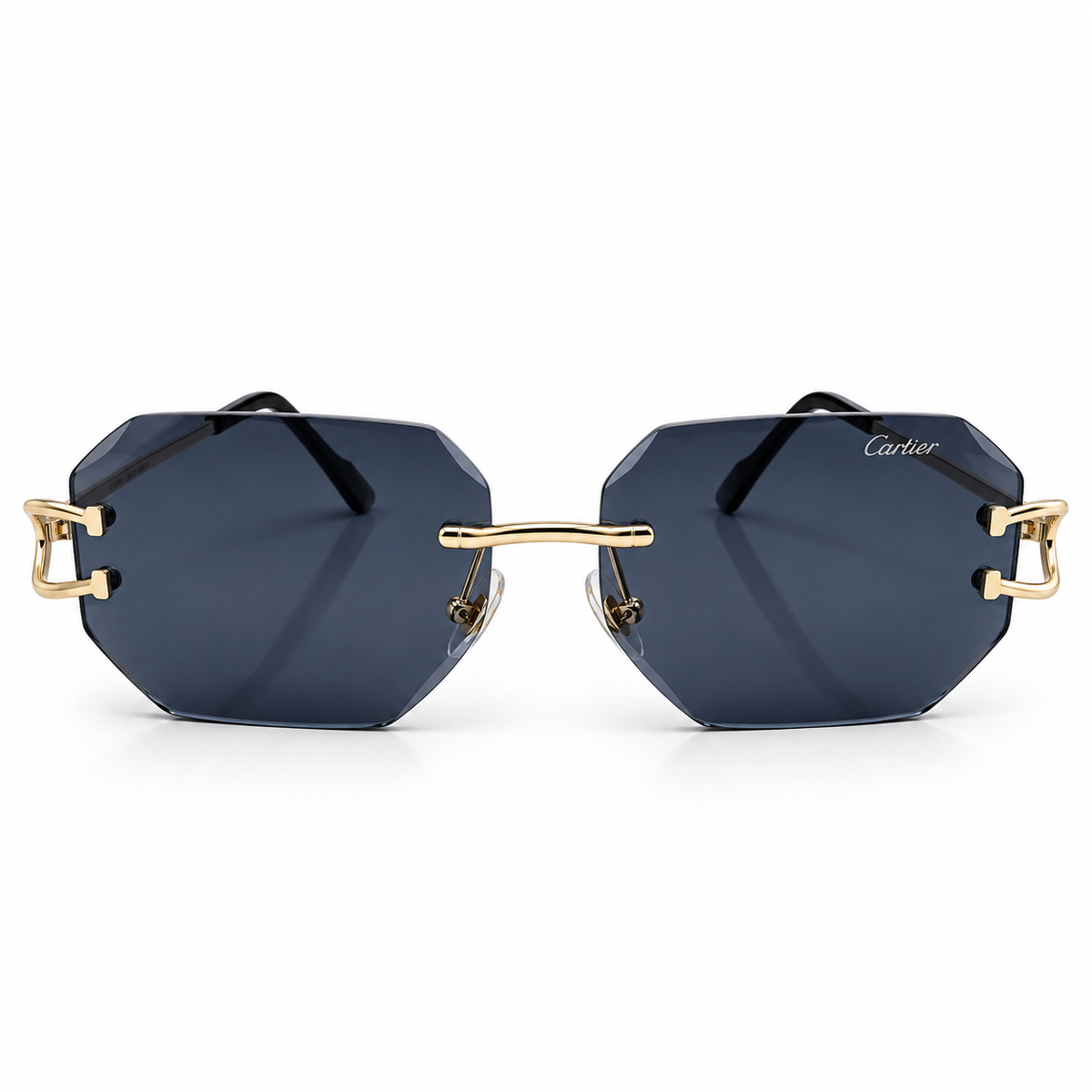 Cartier 5G34 Luxury Rimless Octagon Sunglasses for Men - Gold-Tone Metal Frame, Diamond-Cut Dark Grey Lenses & Black Temple Tips