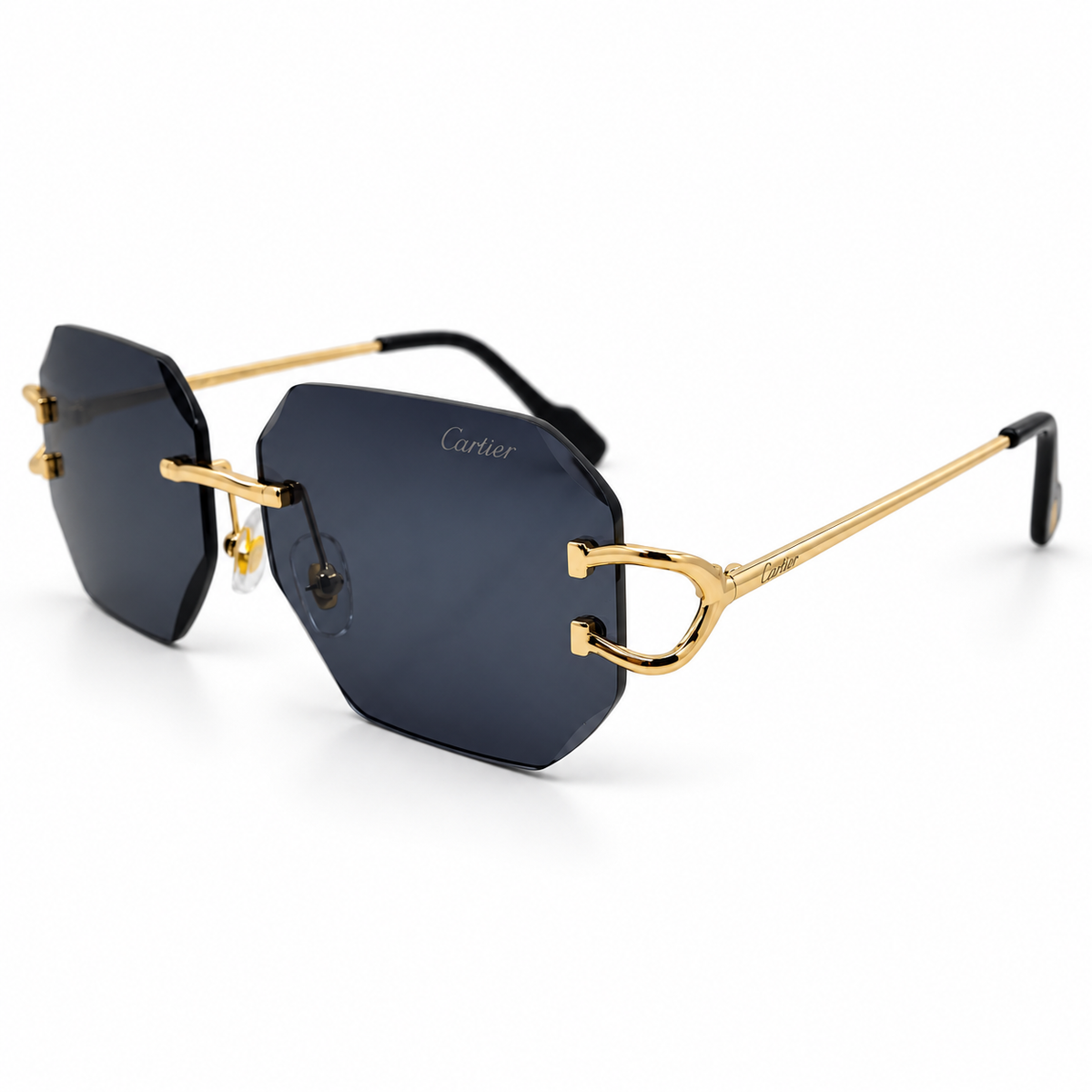 Cartier 5G34 Luxury Rimless Octagon Sunglasses for Men - Gold-Tone Metal Frame, Diamond-Cut Dark Grey Lenses & Black Temple Tips