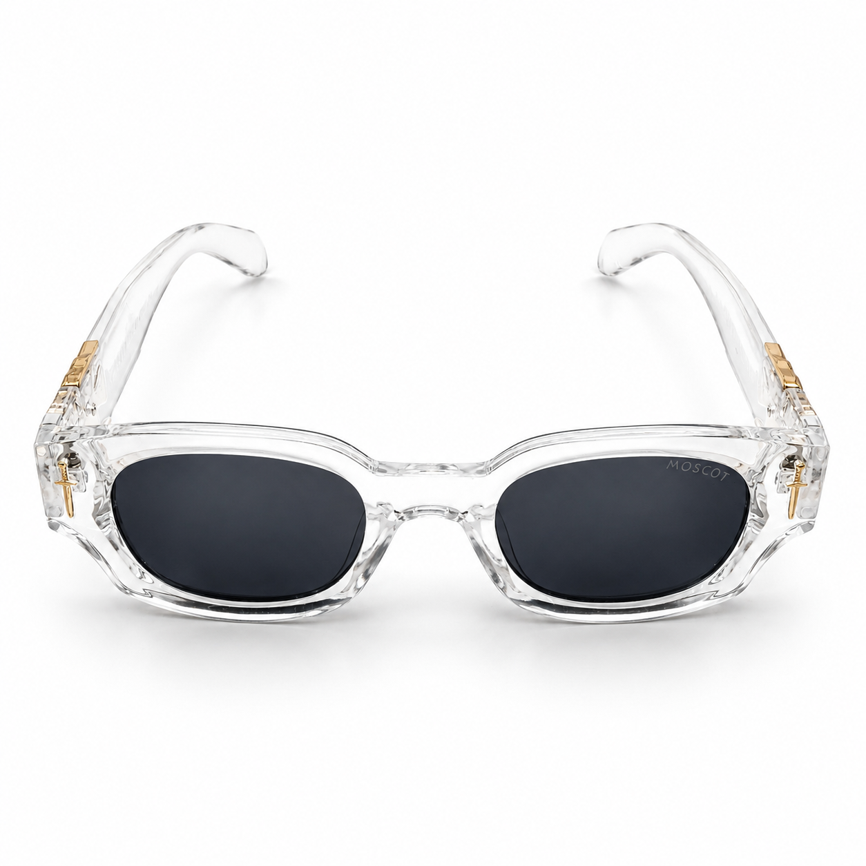 Moscot 135 Square Sunglasses for Men – Transparent Clear Acetate Frame, Gold Eagle Hardware, Solid Black UV400 Protection Lenses – Luxury Designer Eyewear