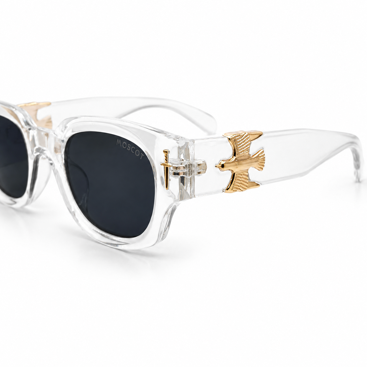 Moscot 135 Square Sunglasses for Men – Transparent Clear Acetate Frame, Gold Eagle Hardware, Solid Black UV400 Protection Lenses – Luxury Designer Eyewear