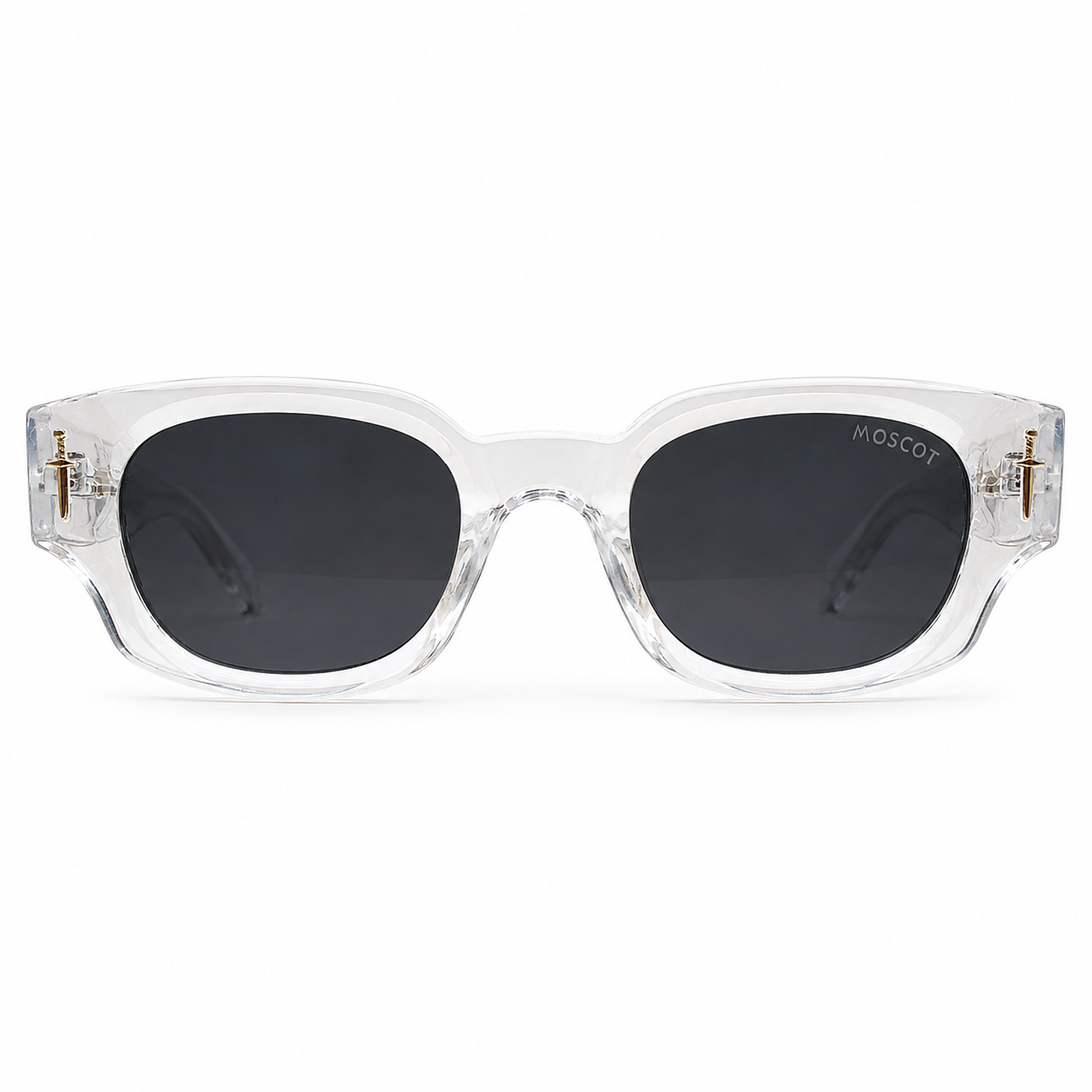 Moscot 135 Square Sunglasses for Men – Transparent Clear Acetate Frame, Gold Eagle Hardware, Solid Black UV400 Protection Lenses – Luxury Designer Eyewear