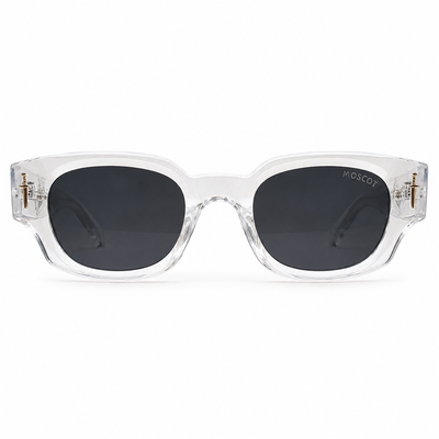 Moscot 135 Square Sunglasses for Men – Transparent Clear Acetate Frame, Gold Eagle Hardware, Solid Black UV400 Protection Lenses – Luxury Designer Eyewear