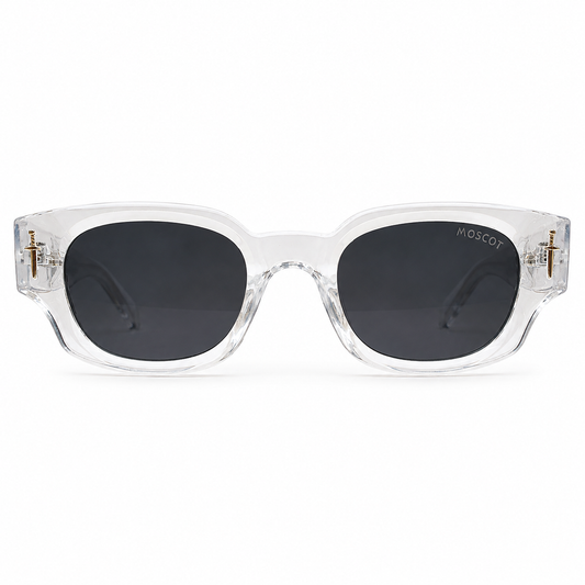 Moscot 135 Square Sunglasses for Men – Transparent Clear Acetate Frame, Gold Eagle Hardware, Solid Black UV400 Protection Lenses – Luxury Designer Eyewear