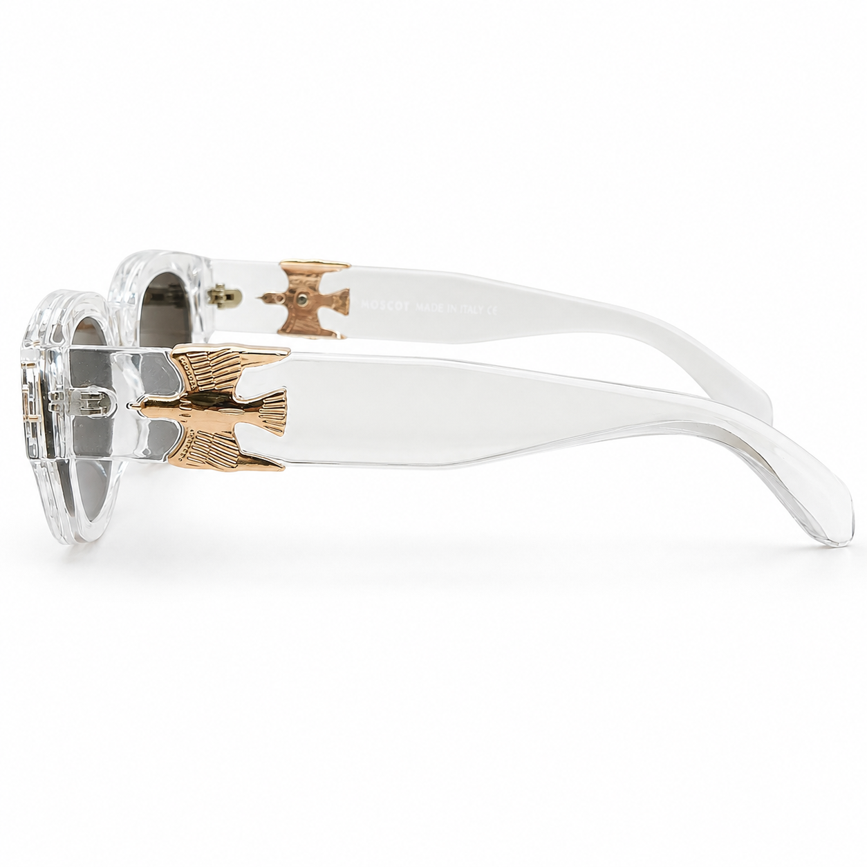 Moscot 135 Square Sunglasses for Men – Transparent Clear Acetate Frame, Gold Eagle Hardware, Solid Black UV400 Protection Lenses – Luxury Designer Eyewear