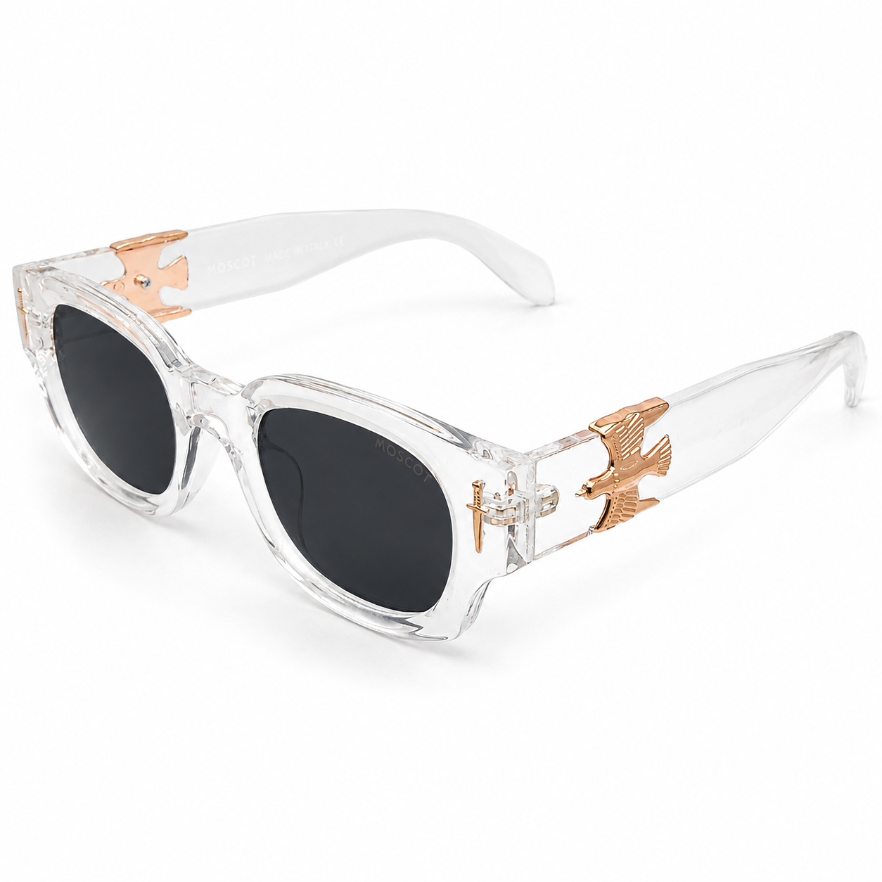 Moscot 135 Square Sunglasses for Men – Transparent Clear Acetate Frame, Gold Eagle Hardware, Solid Black UV400 Protection Lenses – Luxury Designer Eyewear