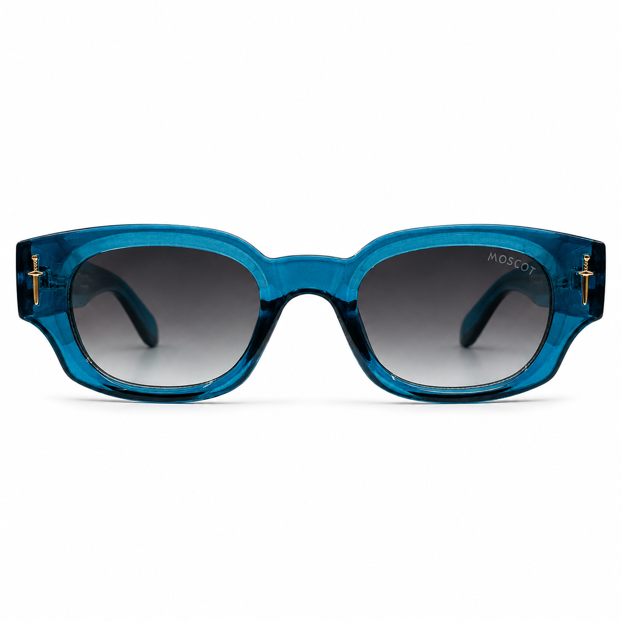 Moscot 135 Square Sunglasses for Men – Transparent Blue Acetate Frame, Gold Eagle Hardware, Grey Gradient UV400 Protection Lenses – Luxury Designer Eyewear