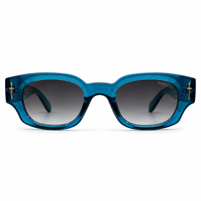 Moscot 135 Square Sunglasses for Men – Transparent Blue Acetate Frame, Gold Eagle Hardware, Grey Gradient UV400 Protection Lenses – Luxury Designer Eyewear