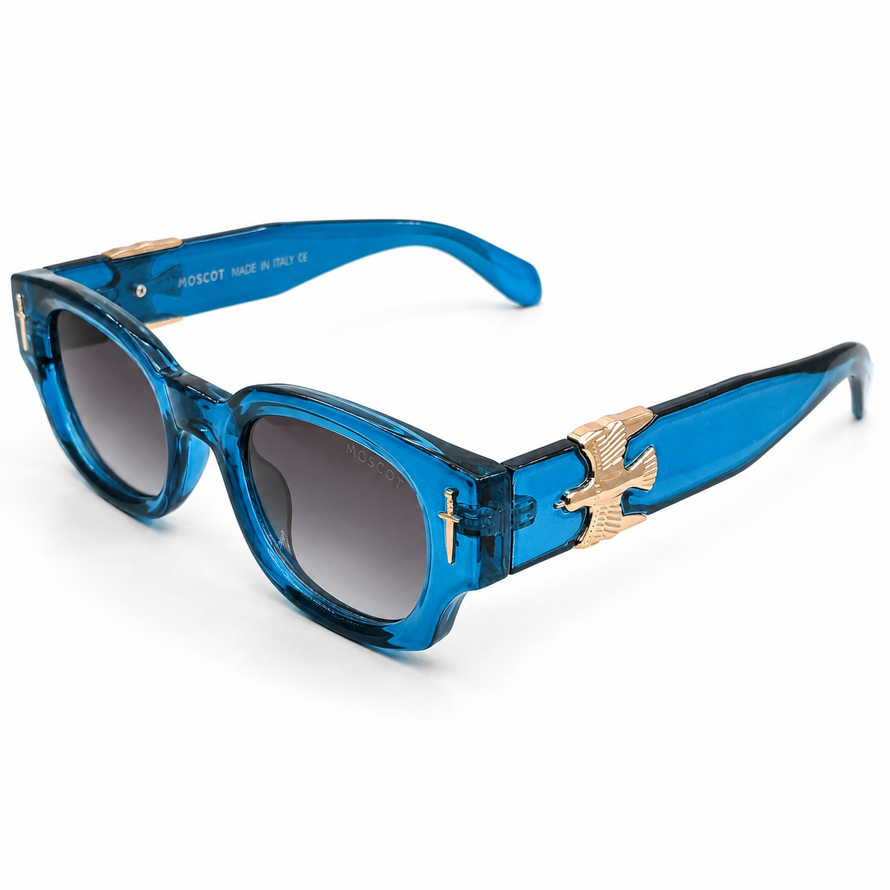 Moscot 135 Square Sunglasses for Men – Transparent Blue Acetate Frame, Gold Eagle Hardware, Grey Gradient UV400 Protection Lenses – Luxury Designer Eyewear