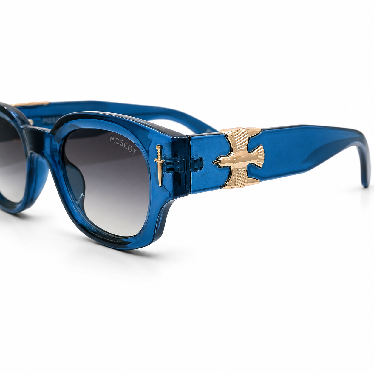 Moscot 135 Square Sunglasses for Men – Transparent Blue Acetate Frame, Gold Eagle Hardware, Grey Gradient UV400 Protection Lenses – Luxury Designer Eyewear