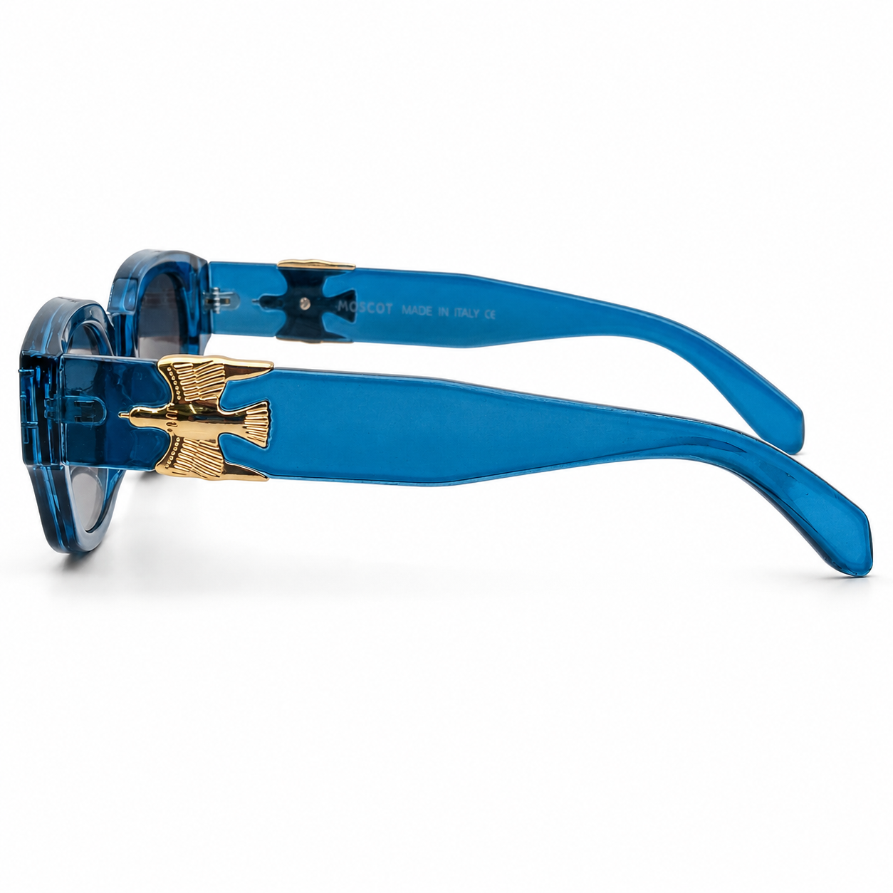Moscot 135 Square Sunglasses for Men – Transparent Blue Acetate Frame, Gold Eagle Hardware, Grey Gradient UV400 Protection Lenses – Luxury Designer Eyewear