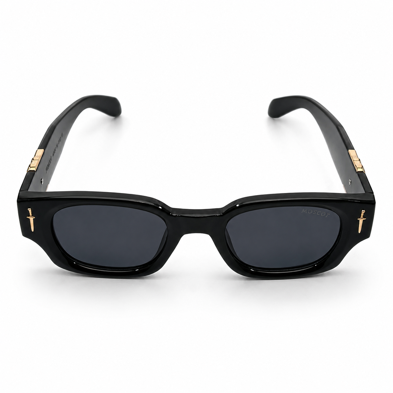 Moscot 135 Square Sunglasses for Men – Glossy Black Acetate Frame, Gold Eagle Hardware, Solid Black UV400 Protection Lenses – Luxury Designer Eyewear