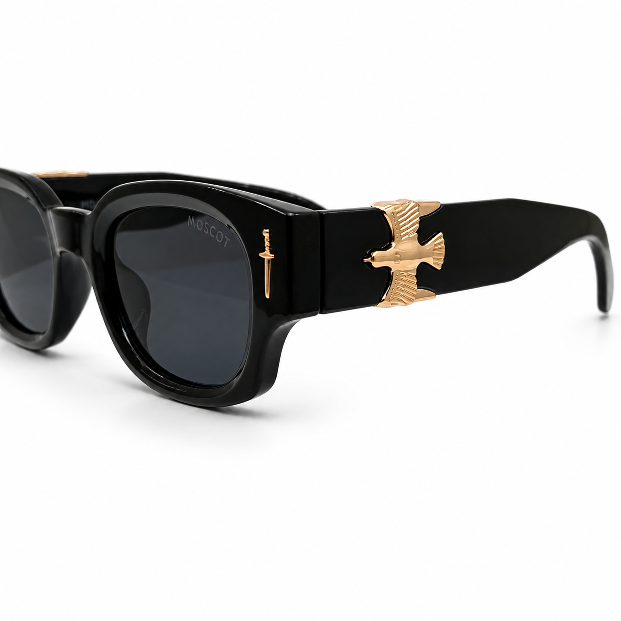 Moscot 135 Square Sunglasses for Men – Glossy Black Acetate Frame, Gold Eagle Hardware, Solid Black UV400 Protection Lenses – Luxury Designer Eyewear