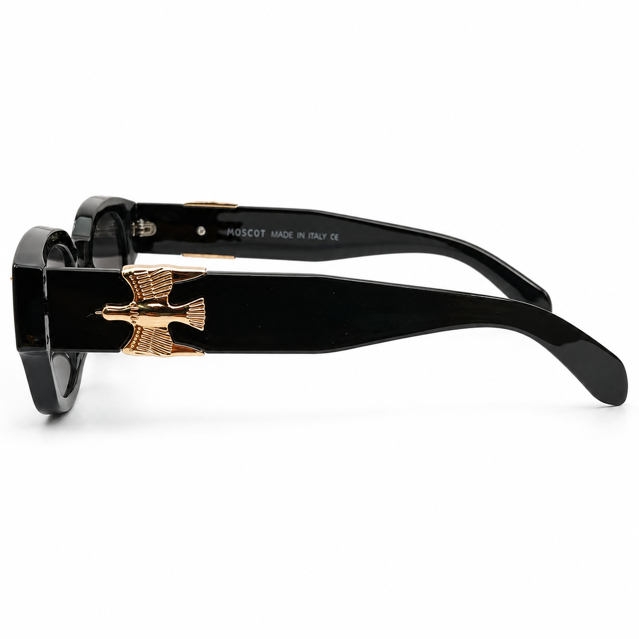 Moscot 135 Square Sunglasses for Men – Glossy Black Acetate Frame, Gold Eagle Hardware, Solid Black UV400 Protection Lenses – Luxury Designer Eyewear