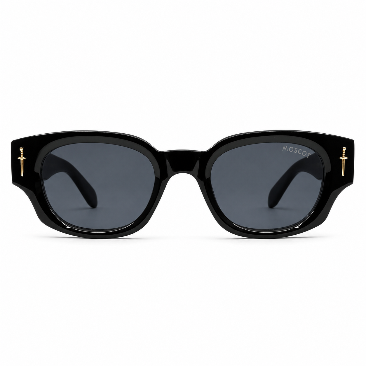 Moscot 135 Square Sunglasses for Men – Glossy Black Acetate Frame, Gold Eagle Hardware, Solid Black UV400 Protection Lenses – Luxury Designer Eyewear