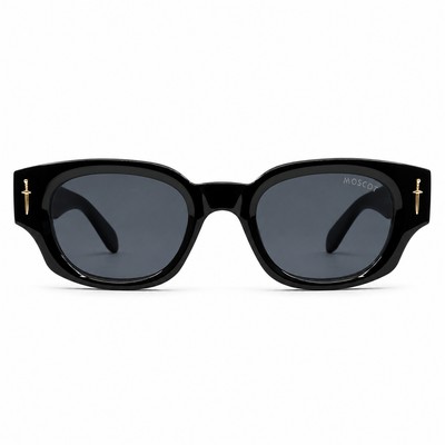 Moscot 135 Square Sunglasses for Men – Glossy Black Acetate Frame, Gold Eagle Hardware, Solid Black UV400 Protection Lenses – Luxury Designer Eyewear