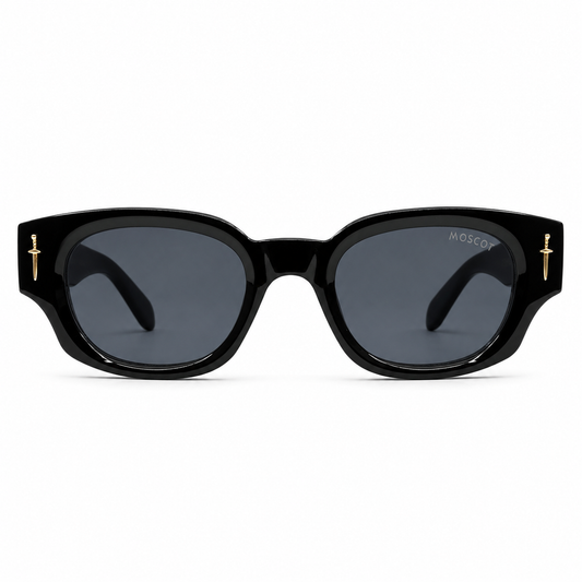 Moscot 135 Square Sunglasses for Men – Glossy Black Acetate Frame, Gold Eagle Hardware, Solid Black UV400 Protection Lenses – Luxury Designer Eyewear