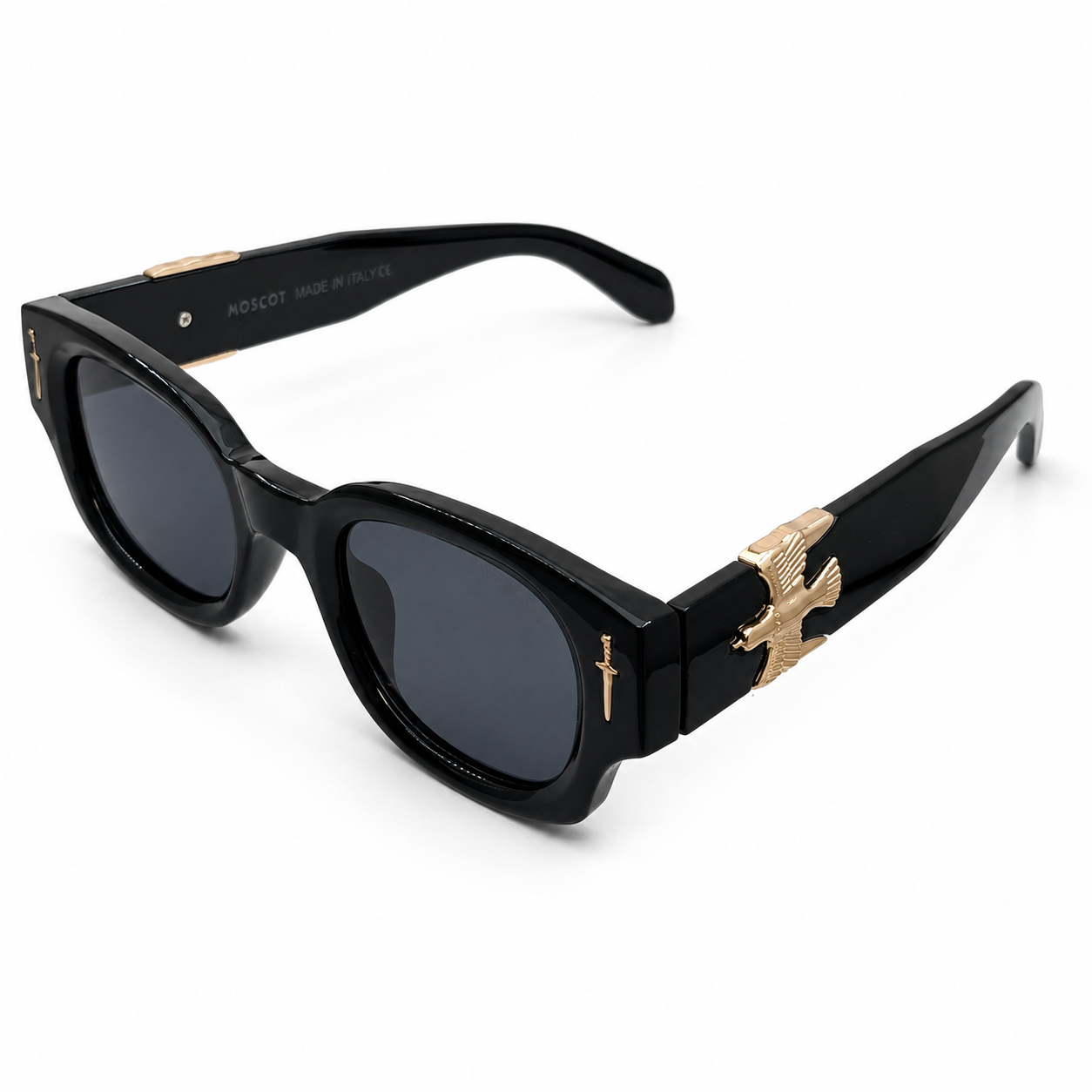 Moscot 135 Square Sunglasses for Men – Glossy Black Acetate Frame, Gold Eagle Hardware, Solid Black UV400 Protection Lenses – Luxury Designer Eyewear