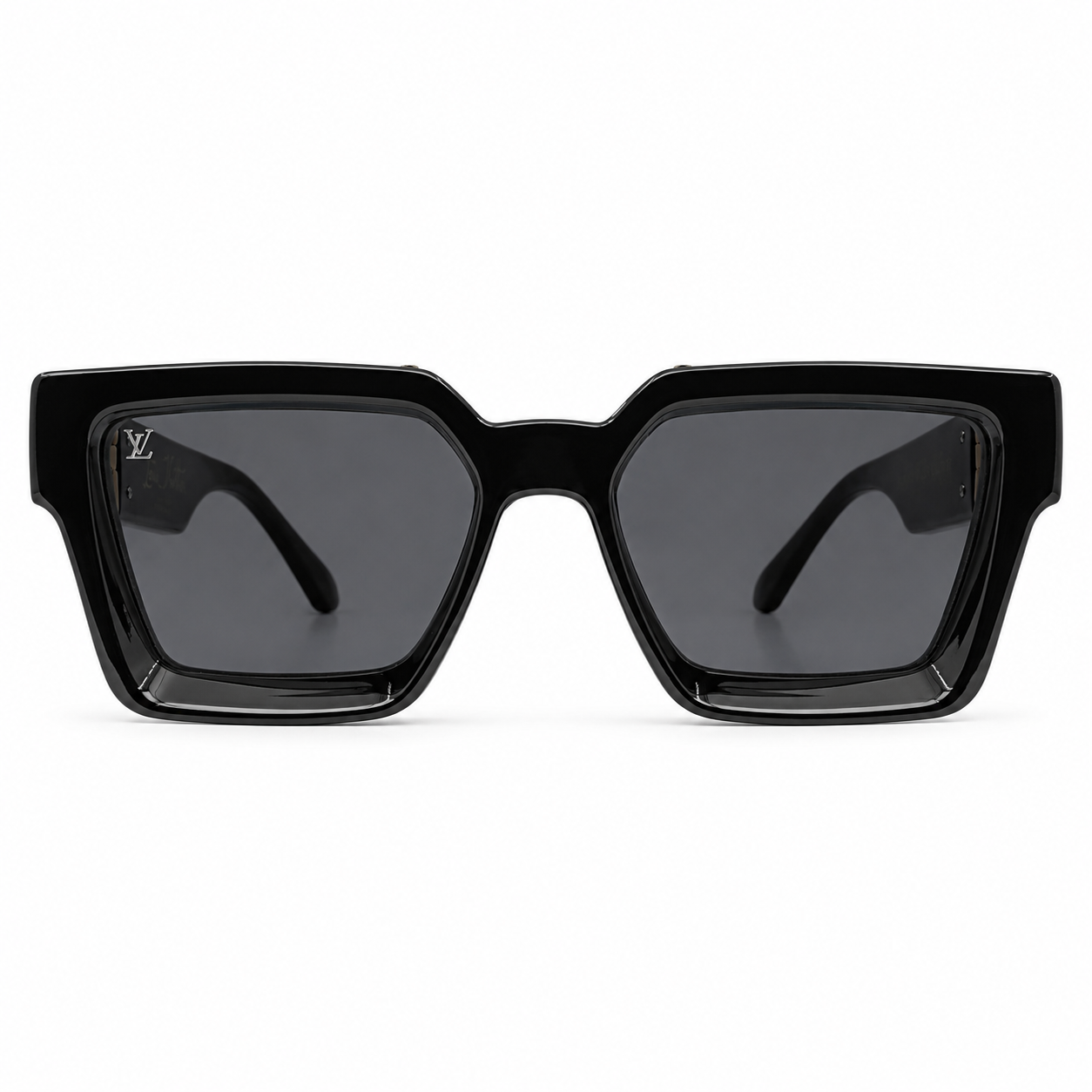 Louis Vuitton 96006 Millionaire Square Sunglasses for Men – Glossy Black Acetate Frame, Gold LV Monogram Hardware, Solid Black UV400 Protection Lenses
