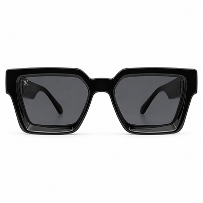 Louis Vuitton 96006 Millionaire Square Sunglasses for Men – Glossy Black Acetate Frame, Gold LV Monogram Hardware, Solid Black UV400 Protection Lenses