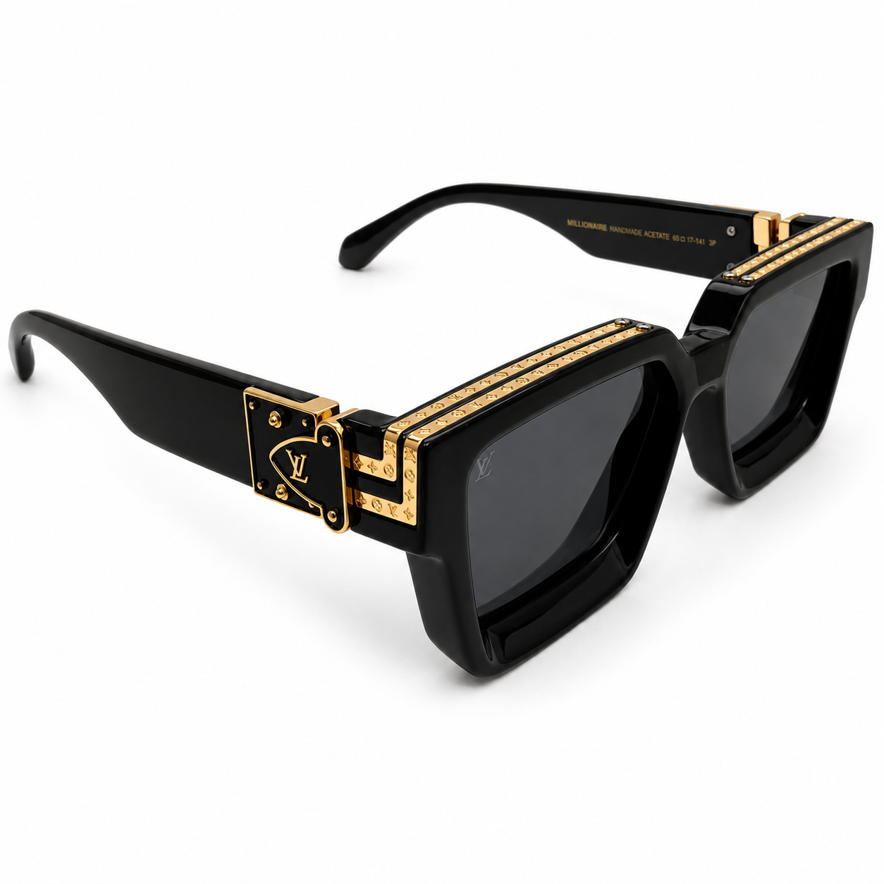 Louis Vuitton 96006 Millionaire Square Sunglasses for Men – Glossy Black Acetate Frame, Gold LV Monogram Hardware, Solid Black UV400 Protection Lenses
