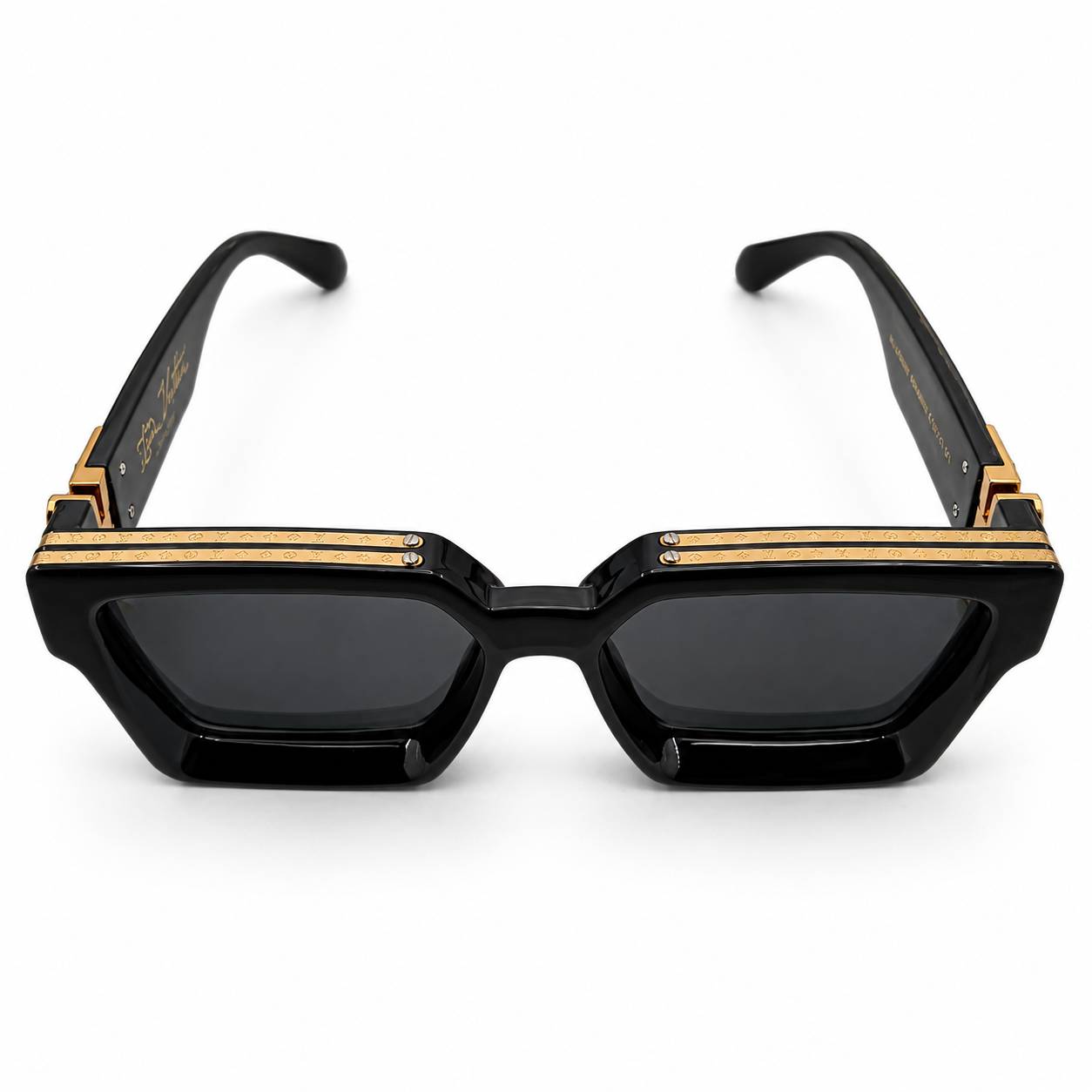 Louis Vuitton 96006 Millionaire Square Sunglasses for Men – Glossy Black Acetate Frame, Gold LV Monogram Hardware, Solid Black UV400 Protection Lenses