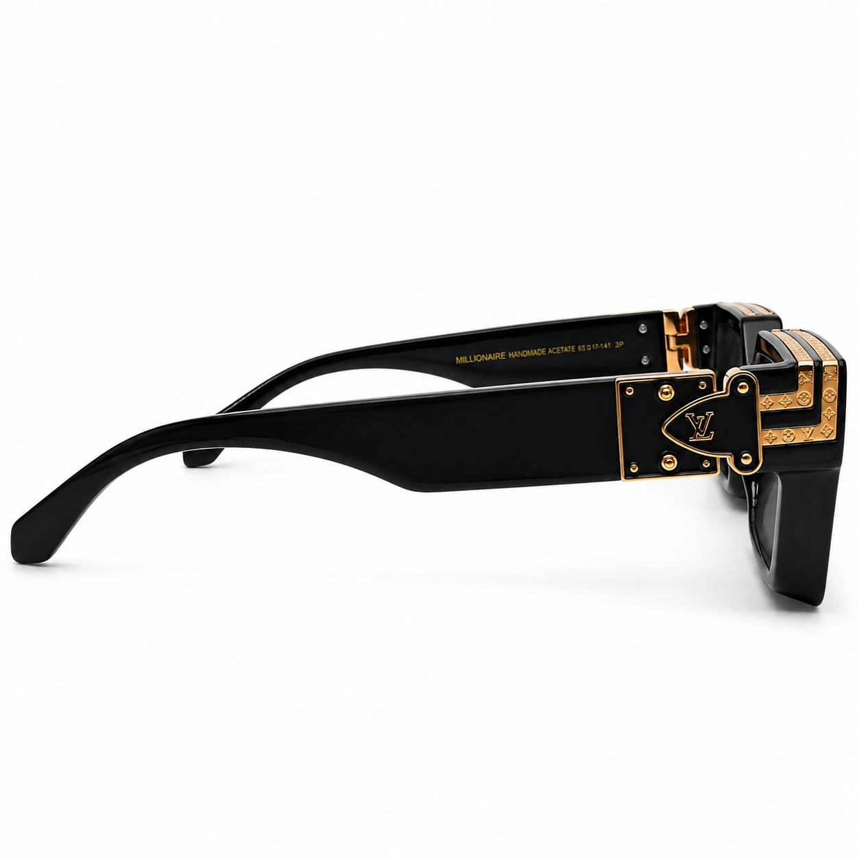 Louis Vuitton 96006 Millionaire Square Sunglasses for Men – Glossy Black Acetate Frame, Gold LV Monogram Hardware, Solid Black UV400 Protection Lenses