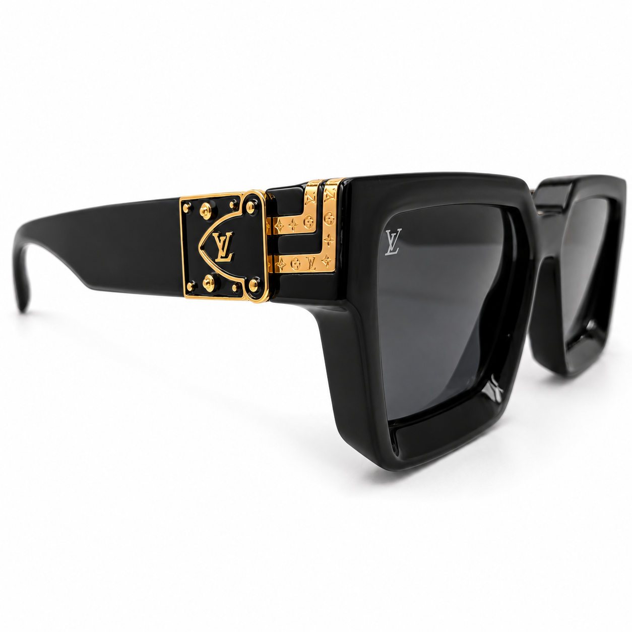 Louis Vuitton 96006 Millionaire Square Sunglasses for Men – Glossy Black Acetate Frame, Gold LV Monogram Hardware, Solid Black UV400 Protection Lenses