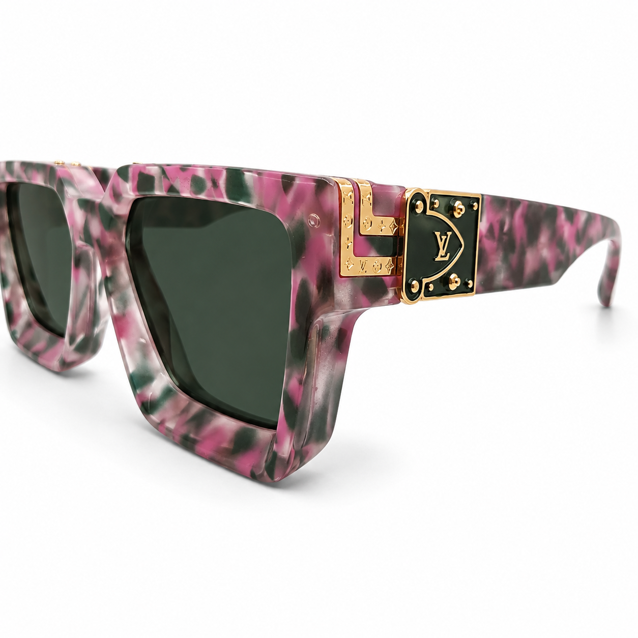 Louis Vuitton 96006 Millionaire Square Sunglasses for Men – Pink Green Marble Acetate Frame, Gold LV Monogram Hardware, Solid Green UV400 Protection Lenses