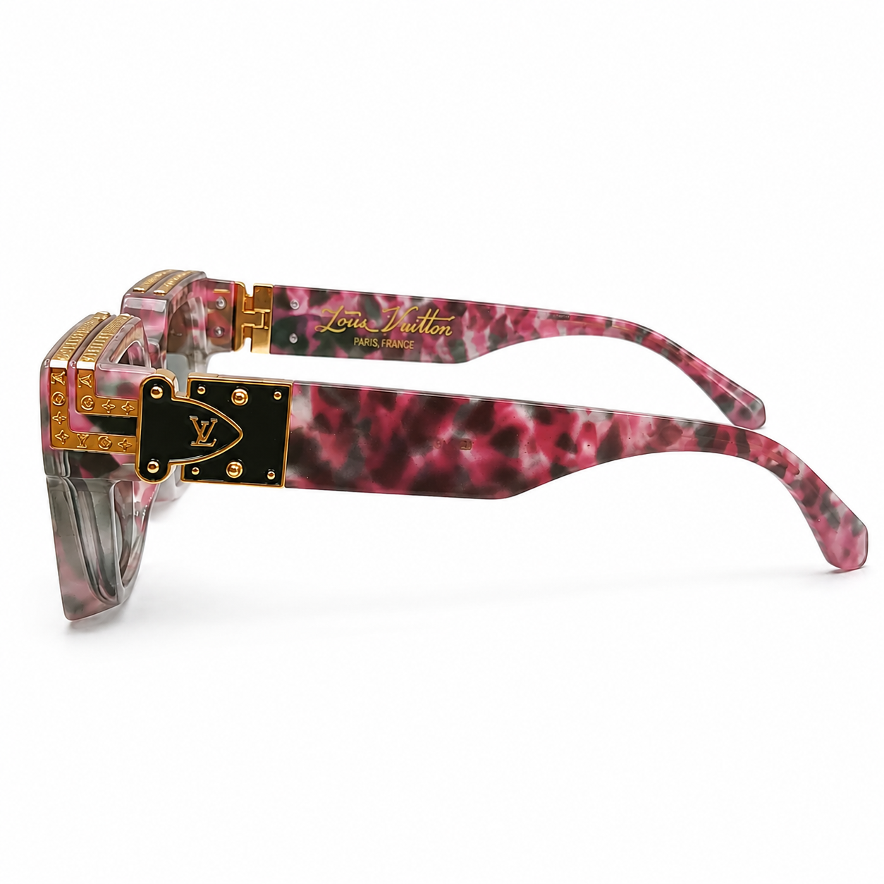 Louis Vuitton 96006 Millionaire Square Sunglasses for Men – Pink Green Marble Acetate Frame, Gold LV Monogram Hardware, Solid Green UV400 Protection Lenses