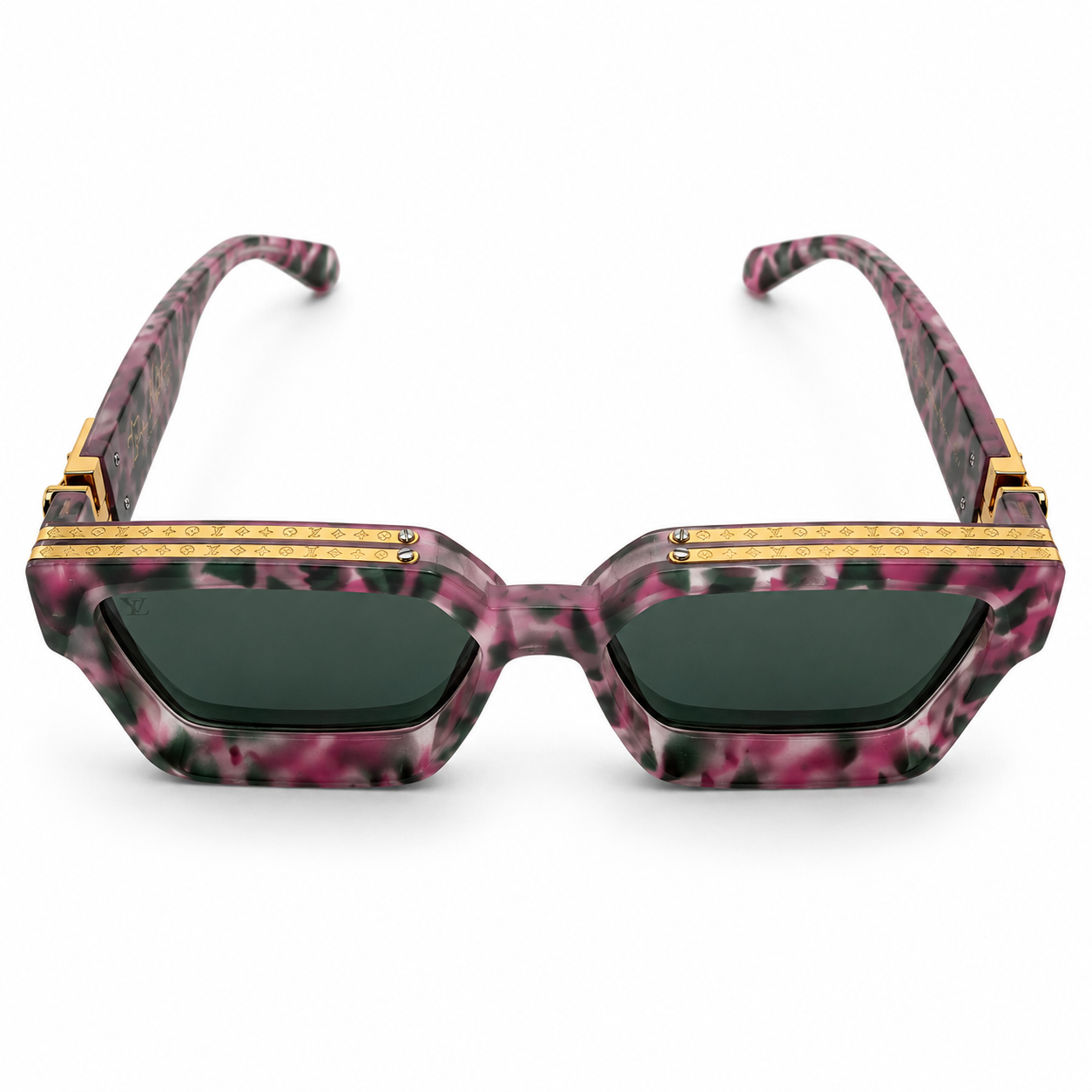 Louis Vuitton 96006 Millionaire Square Sunglasses for Men – Pink Green Marble Acetate Frame, Gold LV Monogram Hardware, Solid Green UV400 Protection Lenses