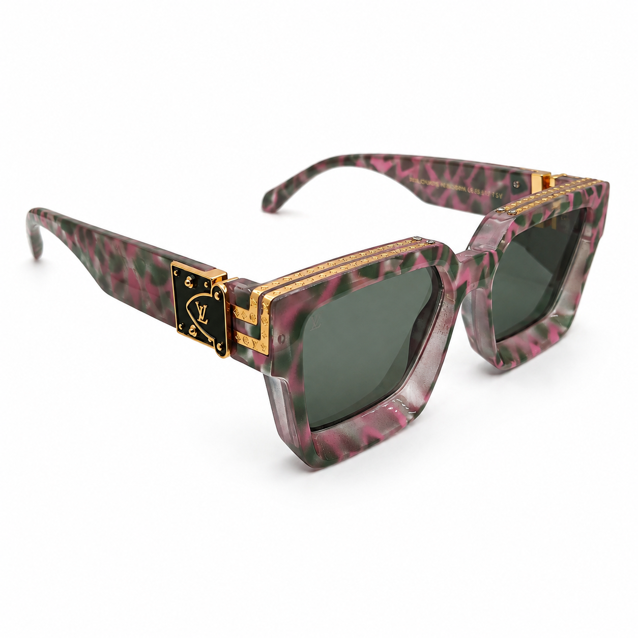 Louis Vuitton 96006 Millionaire Square Sunglasses for Men – Pink Green Marble Acetate Frame, Gold LV Monogram Hardware, Solid Green UV400 Protection Lenses