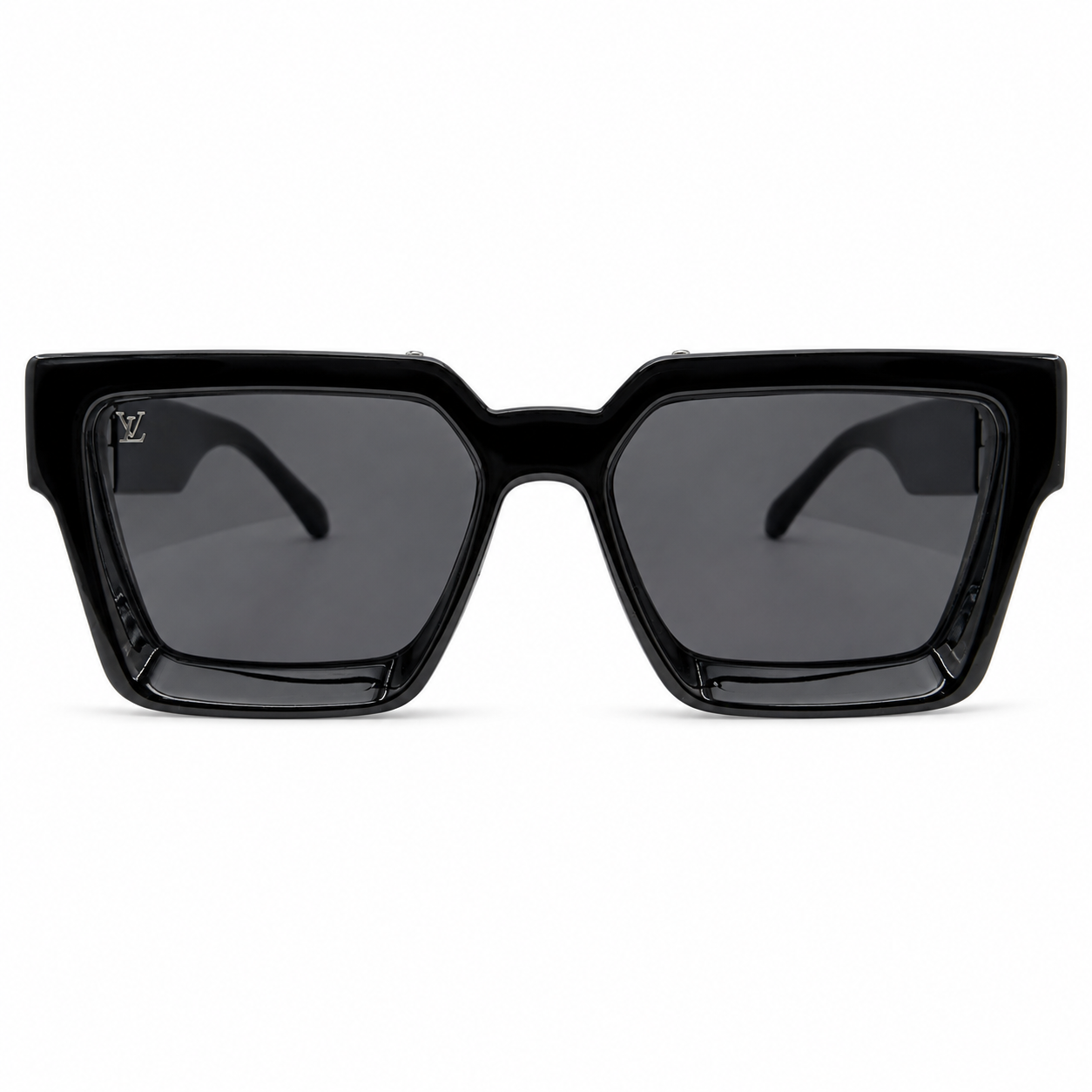 Louis Vuitton 96006 Millionaire Square Sunglasses for Men – Black Acetate Frame, Silver LV Monogram Hardware, Solid Black UV400 Protection Lenses