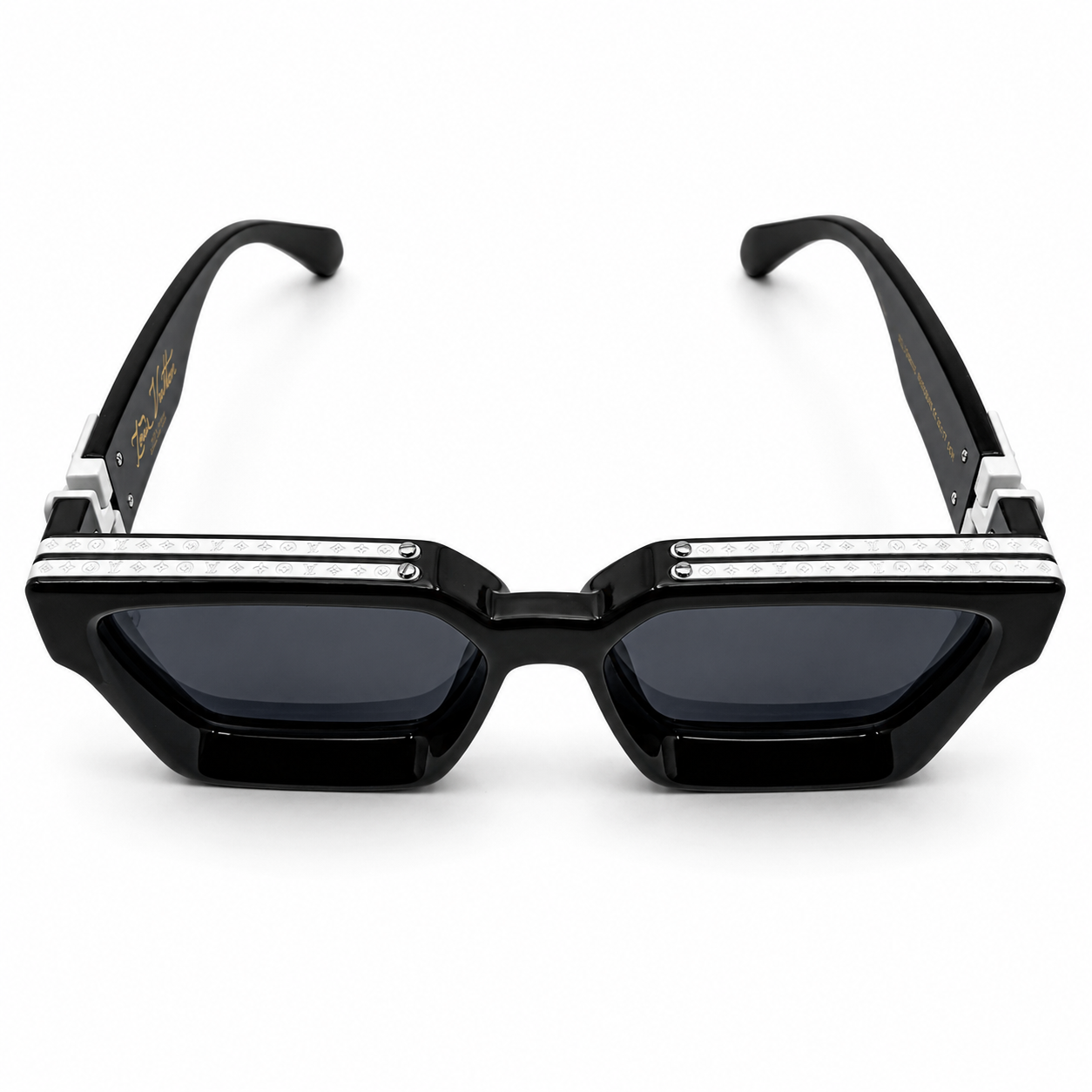 Louis Vuitton 96006 Millionaire Square Sunglasses for Men – Black Acetate Frame, Silver LV Monogram Hardware, Solid Black UV400 Protection Lenses