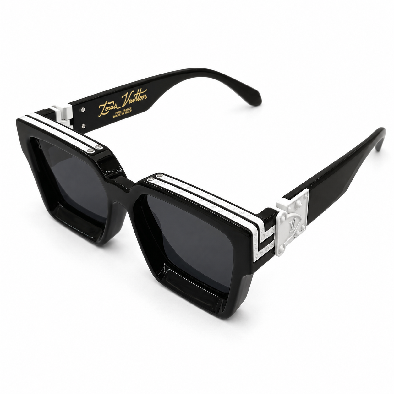 Louis Vuitton 96006 Millionaire Square Sunglasses for Men – Black Acetate Frame, Silver LV Monogram Hardware, Solid Black UV400 Protection Lenses