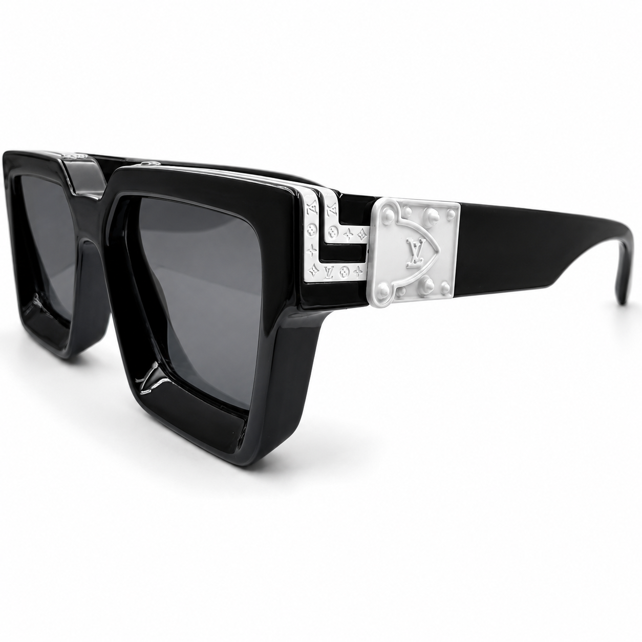 Louis Vuitton 96006 Millionaire Square Sunglasses for Men – Black Acetate Frame, Silver LV Monogram Hardware, Solid Black UV400 Protection Lenses