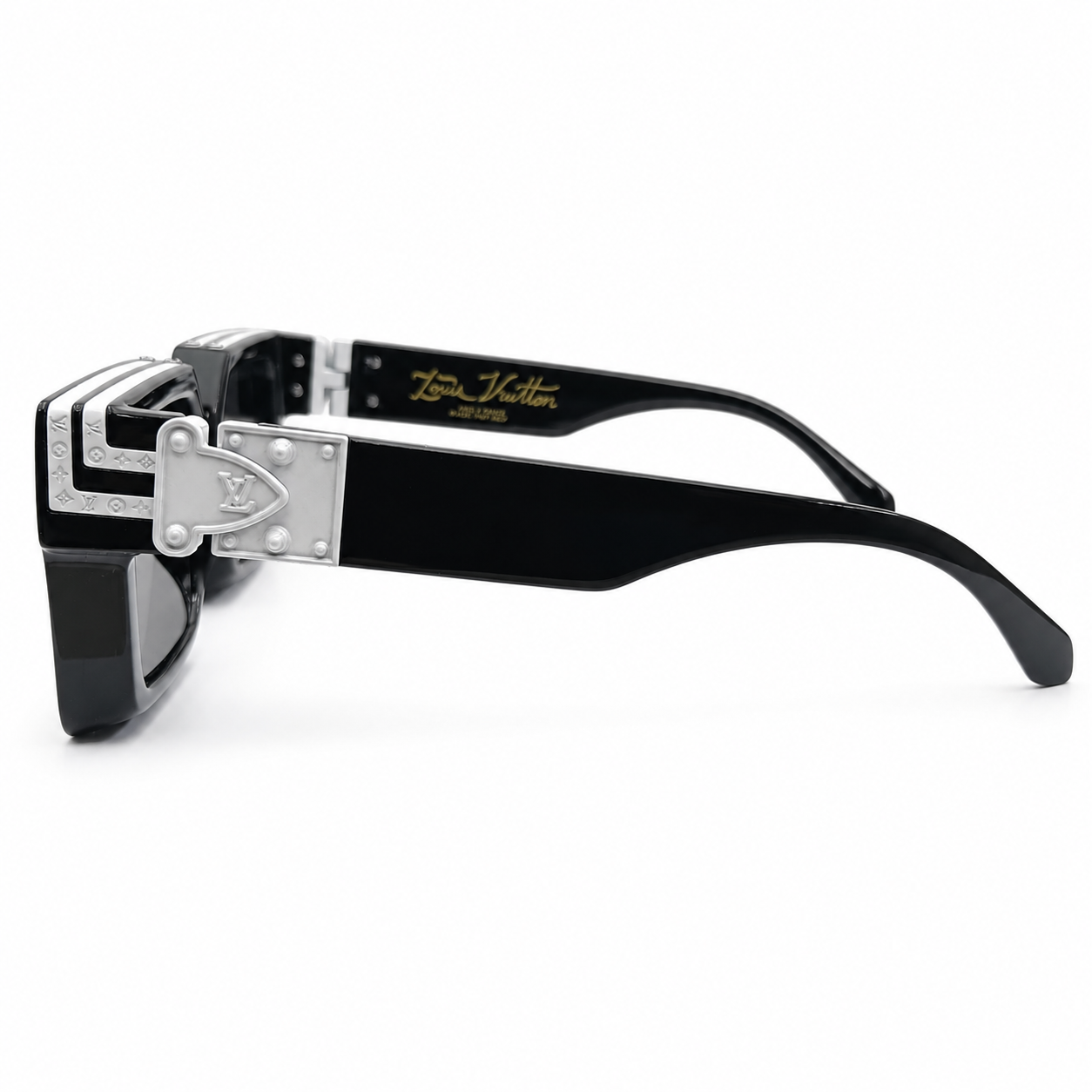 Louis Vuitton 96006 Millionaire Square Sunglasses for Men – Black Acetate Frame, Silver LV Monogram Hardware, Solid Black UV400 Protection Lenses