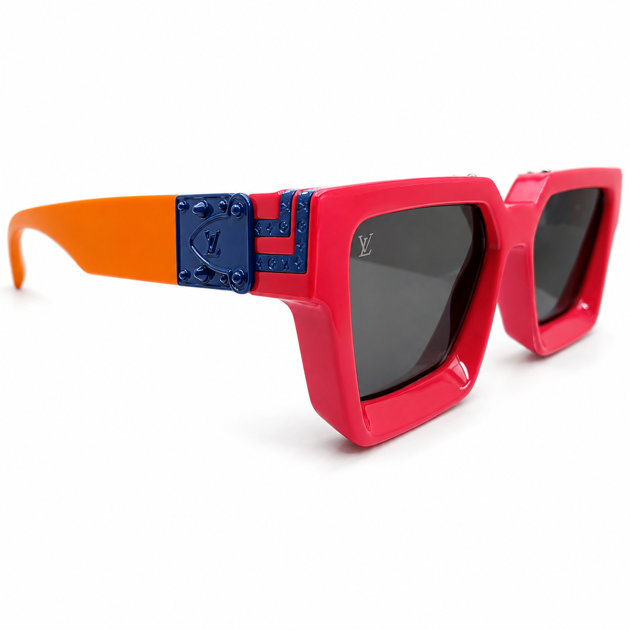 Louis Vuitton 96006 Millionaire Square Sunglasses for Men – Red Multicolor Acetate Frame, LV Monogram Hardware, Solid Black UV400 Protection Lenses
